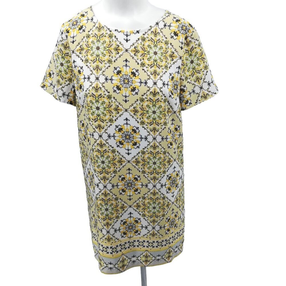 Lulus Dandy Lion Yellow Short Sleeve Shift Mini Dress S Tiled Boho Retro Gray
